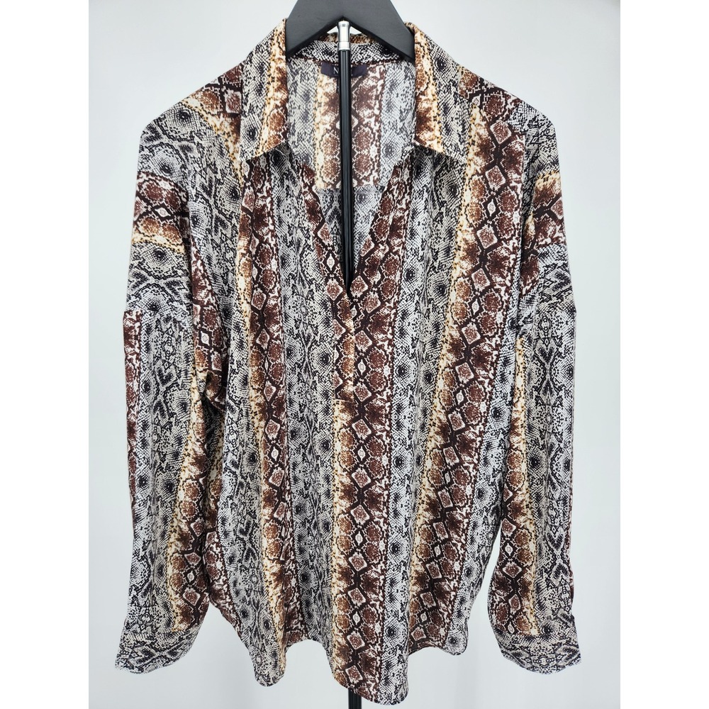 NYDJ Womens Brown Snakeskin Print Long Sleeve V-Neck Blouse MGGT4254 Large